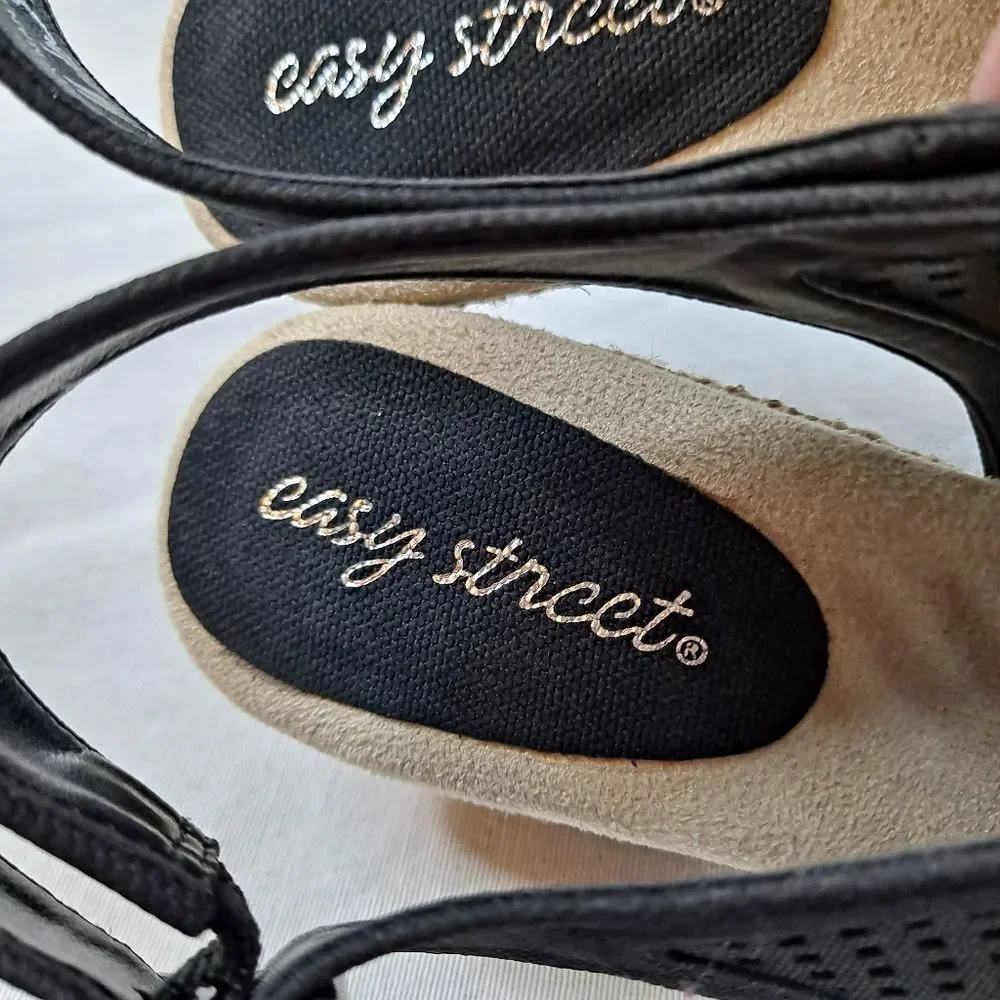 Easy Street Women's Stacy Espadrille Sandals Size 8.5M Black Perforated Wedges